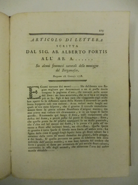 Articolo di lettera scritta dal sig. ab. Alberto Fortis all'ab. A. su alcuni fenomeni naturali delle montagne del Bergamasco. Bergamo 18 gennaio 1778